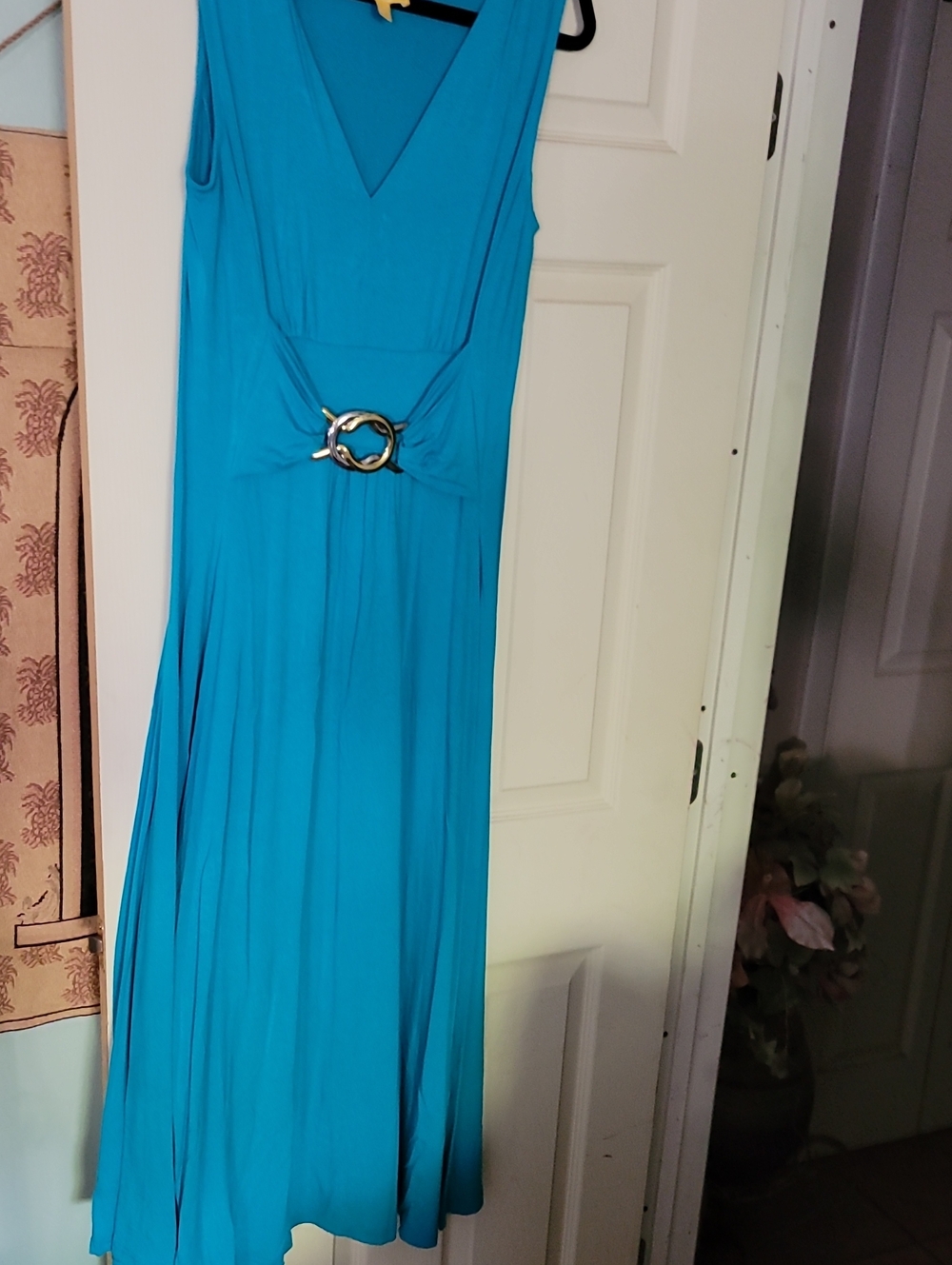 Liz Lange Turquoise V-Neck Maxi Dress with Gold Ring Waist